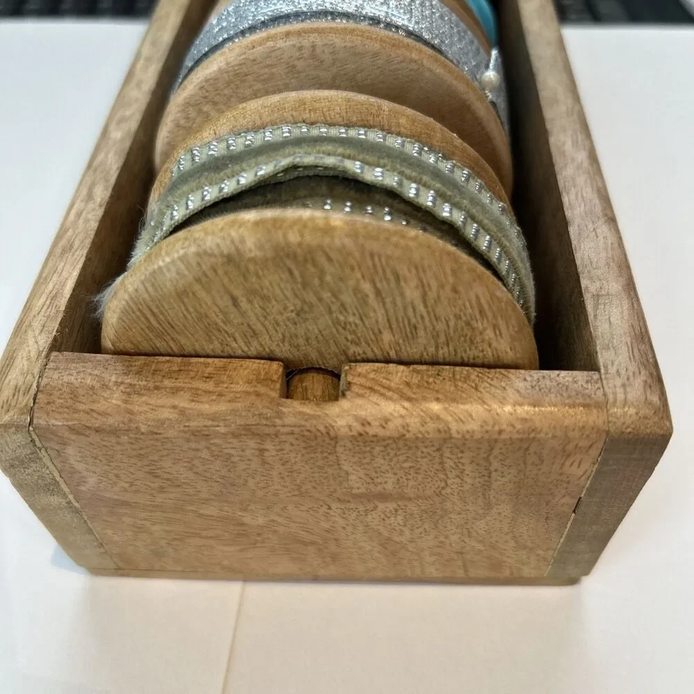 Wooden Box Ribbon Trim Dispenser Storage Rustic 5 Spool